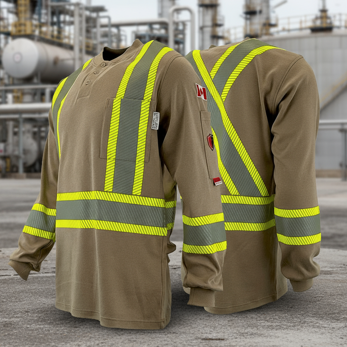 Atlas AR/FR Khaki Henley Shirts with 4" Segmented Striping 4034kk