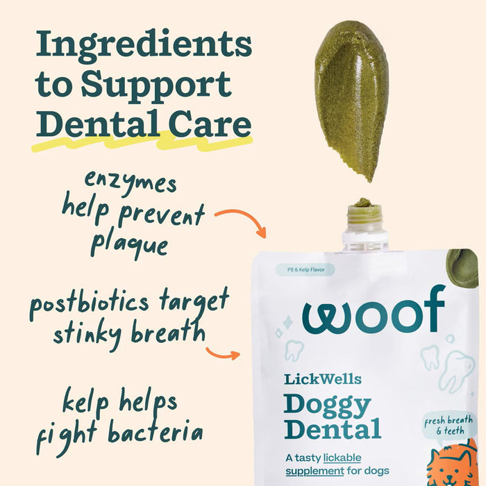 Ingredients to support dental care. Enzymes help prevent plaque. Postbiotics target stinky breath. Kelp helps fight bacteria