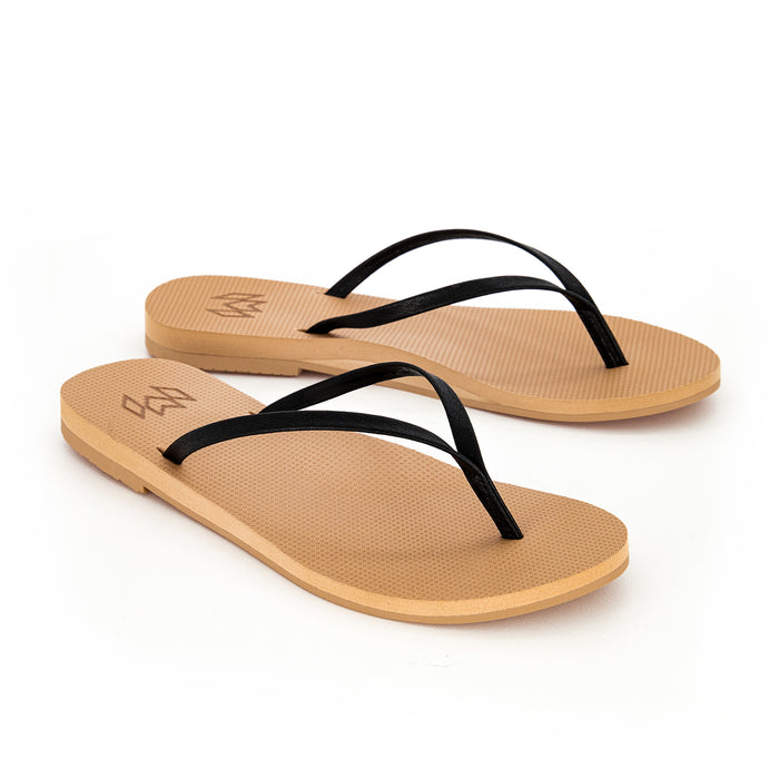 Lux Nova minimalist flip flop with thin black strap and beige arch support footbed