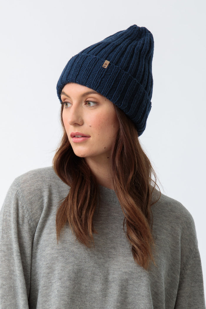 Merino Thick Rib Beanie, Dark Blue