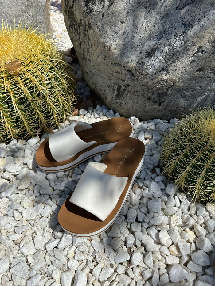 Gwen Satin platform sandal with memory foam beige footbed and cushioned white strap