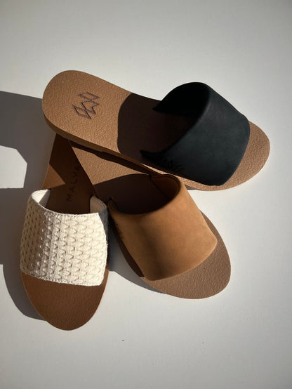 Ellie memory foam sandal with arch support with a faux suede strap and beige footbed