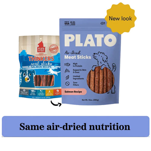 Plato Thinkers seal sticks salmon recipe old packaging next to new Plato air-dried meat sticks salmon recipe 10oz packaging. New look, same air-dried nutrition