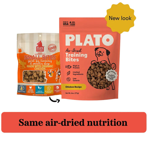 Old Plato Small Bites chicken recipe packaging next to new Plato air-dried training bites chicken recipe 6oz packaging. New look, same air-dried nutrition
