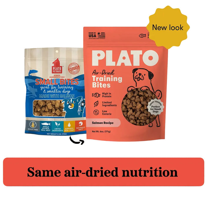 old plato small bites salmon recipe packaging next to new plato air-dried training bites salmon recipe 6oz packaging. New look, same air-dried nutrition