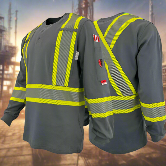 Atlas AR/FR Grey Henley Shirts with 4" Segmented Striping 4034GR