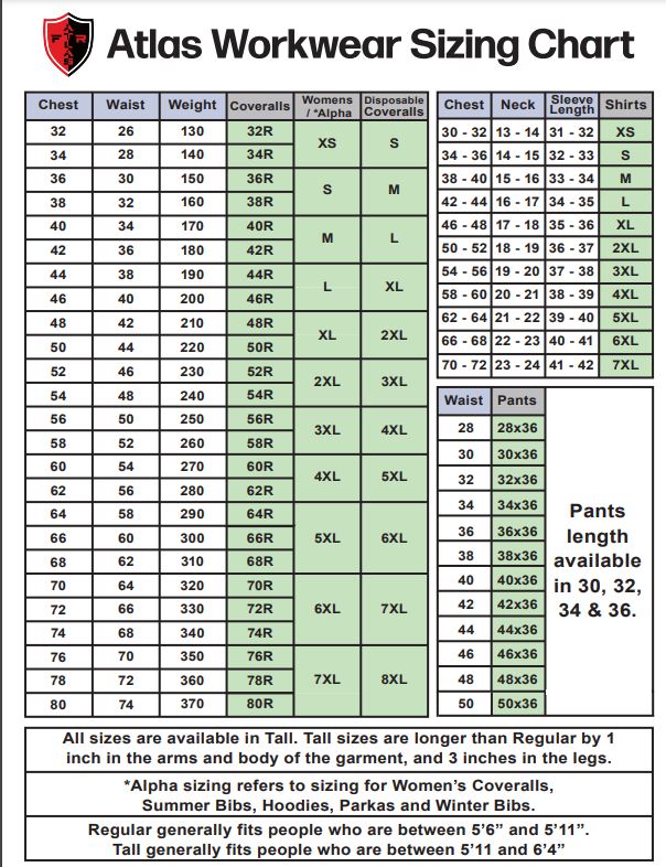 Atlas Workwear FR Size Chart