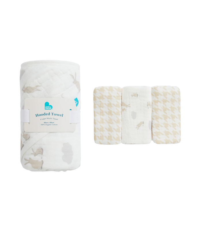 Baby Bath Bundle | Hooded Towel, Wash Cloth | Cloud Bunnies