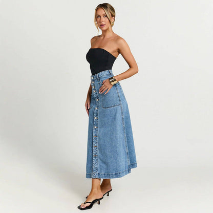 Blue Button Down Mid Length Denim Skirt