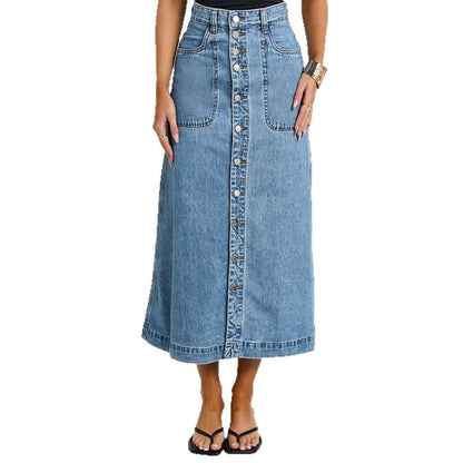 Blue Button Down Mid Length Denim Skirt