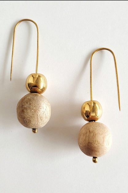 Brass and Wood Hook Earrings