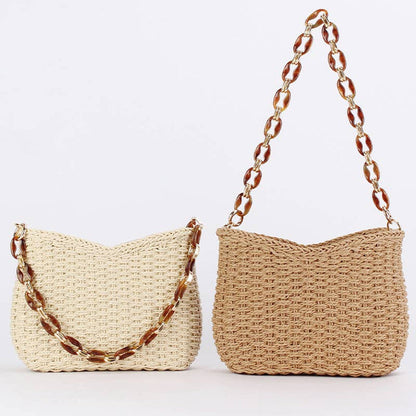 Chain Handle Woven Shoulder Bag: CHESTNUT / One Size