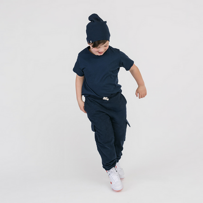 Cloud Cargo Joggers - 100% GOTS-Certified Organic Cotton Pants - Navy - Made in Canada - Toddler and Kids and Teens - mini mioche