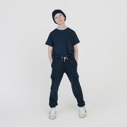 Cloud Cargo Joggers - 100% GOTS-Certified Organic Cotton Pants - Navy - Made in Canada - Toddler and Kids and Teens - mini mioche