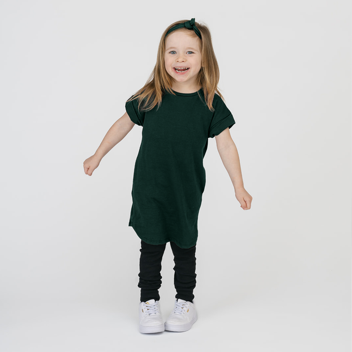 Cloud Rolled Sleeve Dress - Organic Cotton Dresses for Kids and Toddlers - Pine - Made in Canada - mini mioche