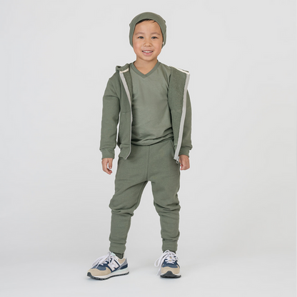 Cozy Skinny Sweats - 100% Organic Cotton Kids Sweatpants - Thyme - Made in Canada for Teens Tween Kids Toddler and Babies - mini mioche