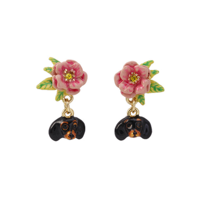 Dachshund And Flower Earrings