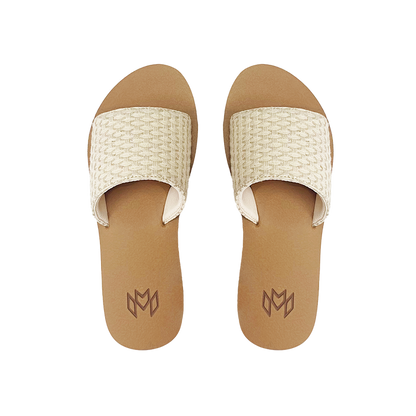 Ellie Hampton memory foam slide sandal with arch support and a cream woven strap and beige footbed