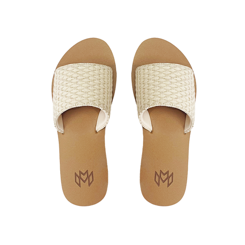 Ellie Hampton memory foam slide sandal with arch support and a cream woven strap and beige footbed