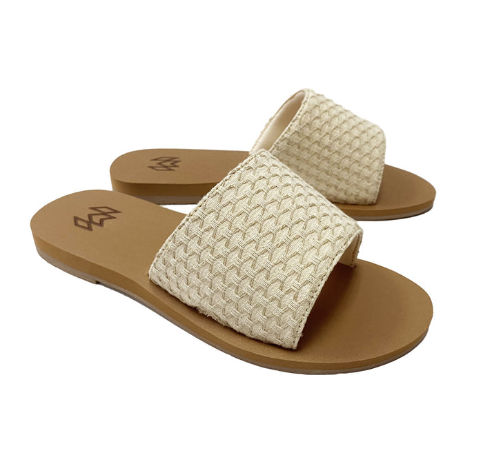 Ellie Hampton memory foam slide sandal with arch support and a cream woven strap and beige footbed