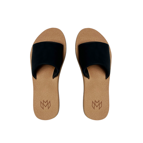 Ellie Jet memory foam sandal with arch support with a black faux suede strap and beige footbed