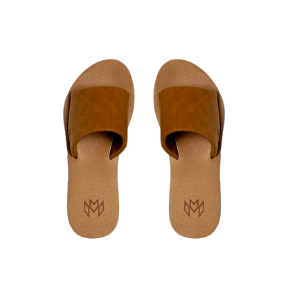 Ellie Saddle memory foam sandal with arch support with a faux suede strap and beige footbed