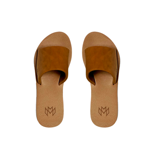 Ellie Saddle memory foam sandal with arch support with a faux suede strap and beige footbed