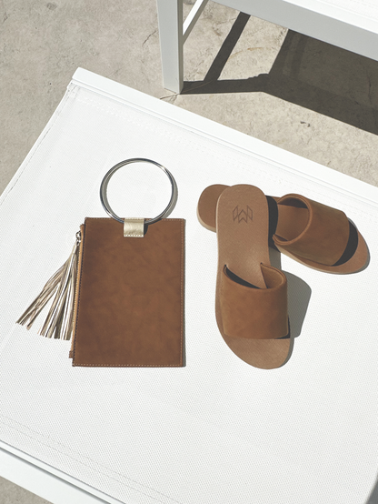 Ellie Saddle memory foam sandal and matching Parker Clutch