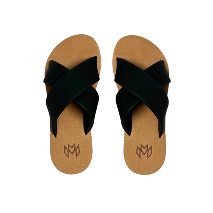 Ellie Cross Jet sandal with memory foam footbed with arch support and a black criss cross strap
