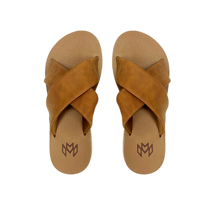 Ellie Cross in Saddle memory foam footbed with arch support and a brown criss cross strap