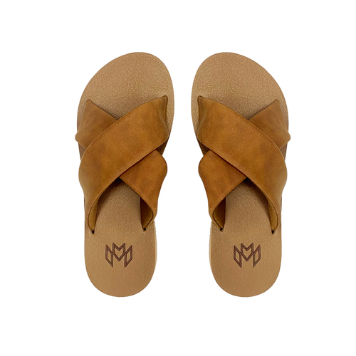 Ellie Cross in Saddle memory foam footbed with arch support and a brown criss cross strap