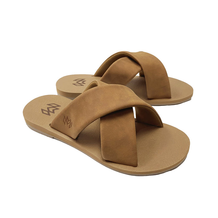 Ellie Cross in Saddle memory foam footbed with arch support and a brown criss cross strap