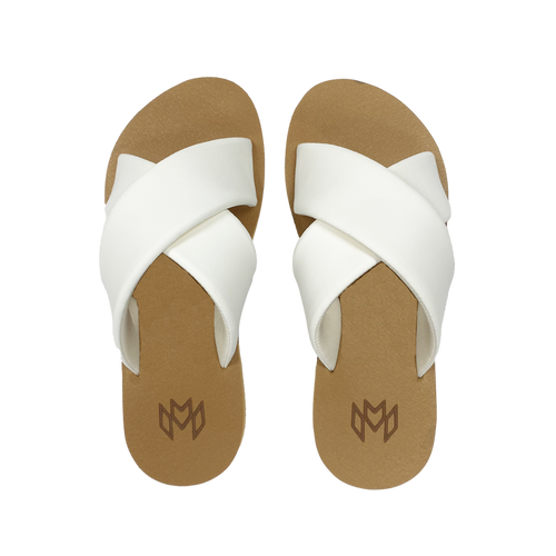 Ellie Cross in Satin sandal with memory foam footbed with arch support and a white criss cross strap
