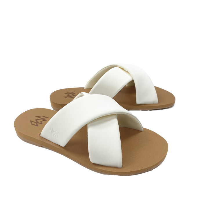Ellie Cross in Satin sandal with memory foam footbed with arch support and a white criss cross strap