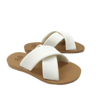 Ellie Cross in Satin sandal with memory foam footbed with arch support and a white criss cross strap