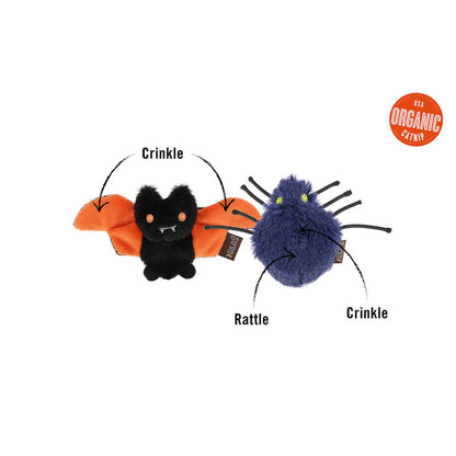 Cat catnip toy in the shape of a spider and a bat with crinkle and rattle sounds.