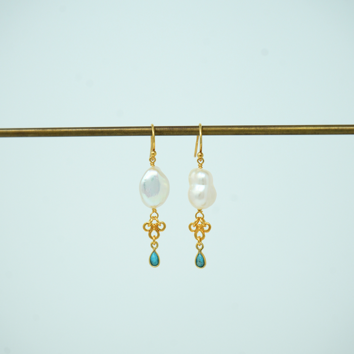Gold Pearl and Tourmaline Drop Earrings