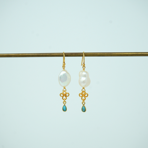 Gold Pearl and Tourmaline Drop Earrings