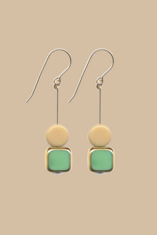 Green Square and Cream Circle Earrings