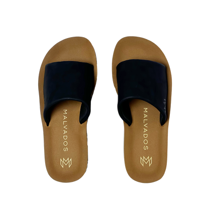 Gwen Jet platform sandal with beige memory foam footbed and cushioned black strap