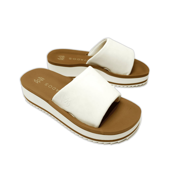 Gwen Satin platform sandal with memory foam beige footbed and cushioned white strap