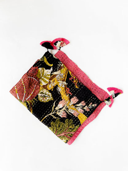Kantha Reversible Scarf, Black Floral