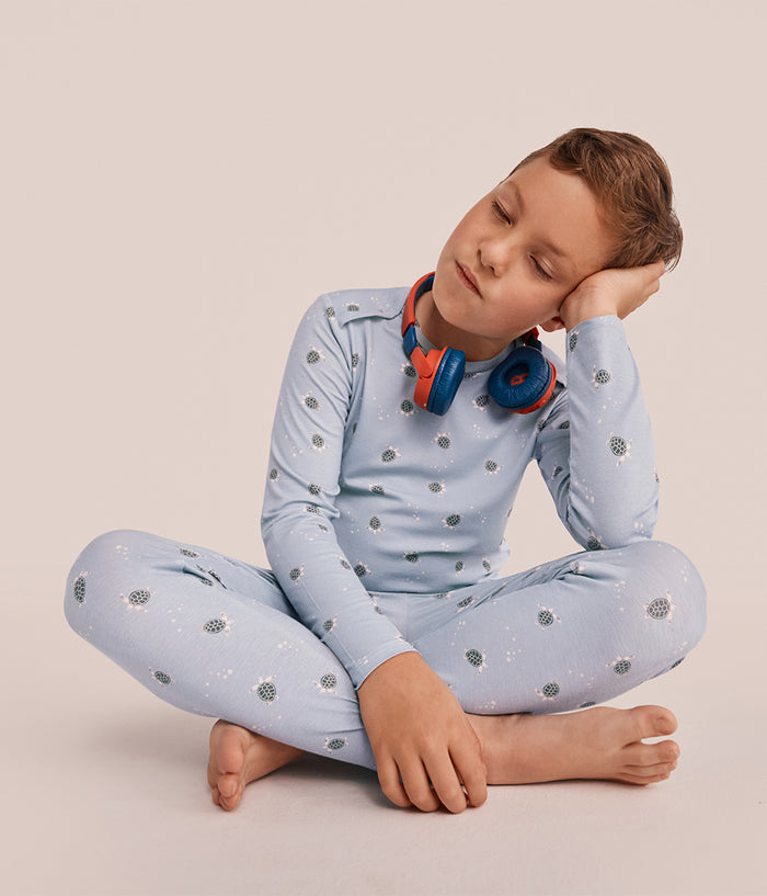 Kids Pyjama Set Long Sleeve Viscose from Bamboo Mist Blue Turtally