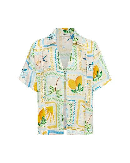 LSPACE La Mer shirt in Wish You Were Here print, off-model flat lay.