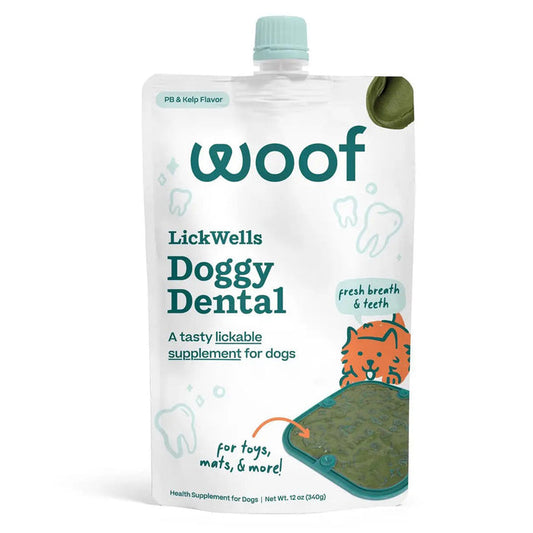 Woof Lickwells Doggy Dental 12oz pouch. A tasty lickable supplement for dogs