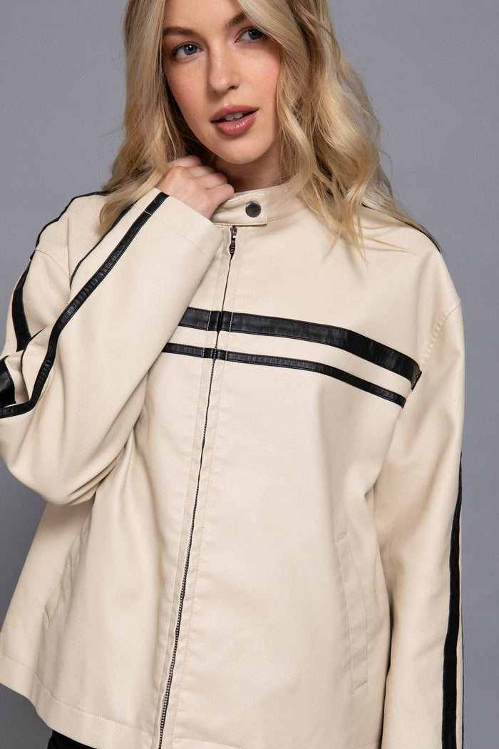 Long Sleeve Line Detail Washed Effect Faux Leather Jacket