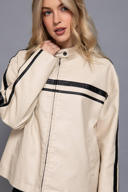 Long Sleeve Line Detail Washed Effect Faux Leather Jacket