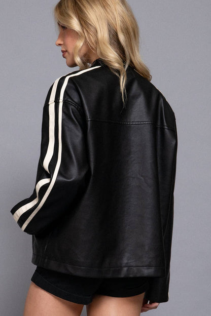 Long Sleeve Line Detail Washed Effect Faux Leather Jacket