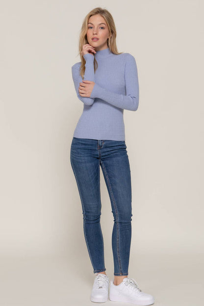 Long Sleeve Mock Neck Rib Sweater  : RED