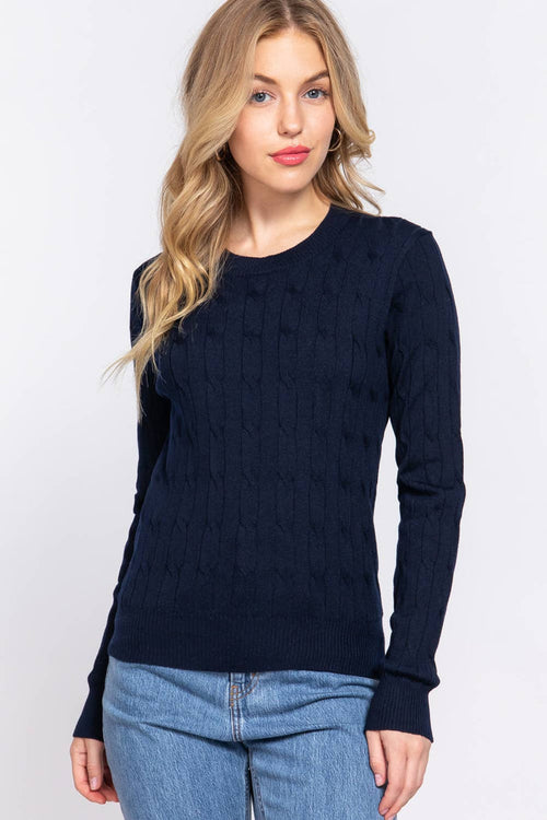 Long Sleeve Round Neck Cable Sweater  NAVY